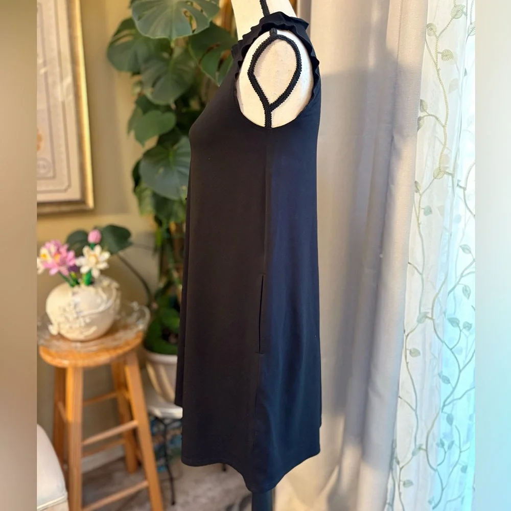 Black Ruffle Trim Mini Sheath Dress with Pockets - Picture 4 of 9